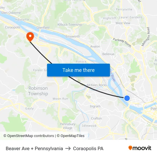 Beaver Ave + Pennsylvania to Coraopolis PA map