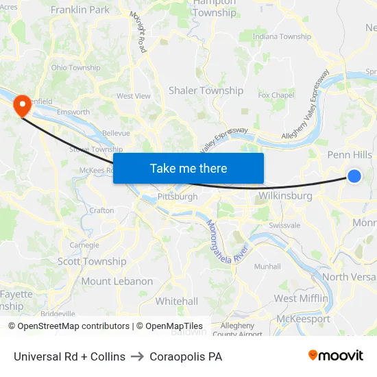 Universal Rd + Collins to Coraopolis PA map