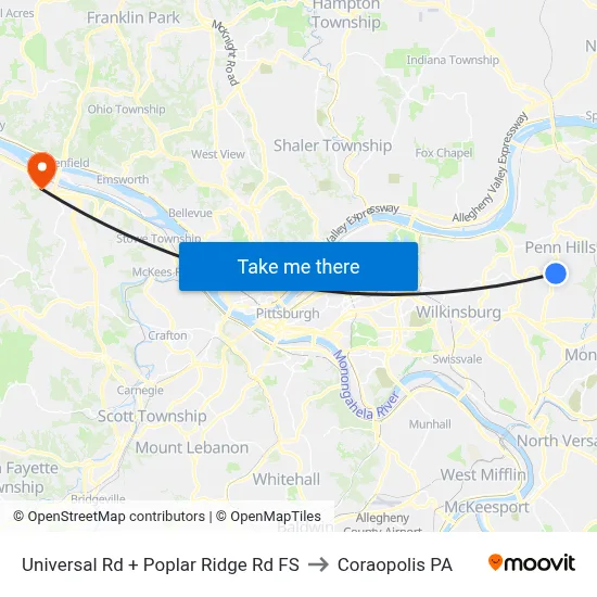 Universal Rd + Poplar Ridge Rd FS to Coraopolis PA map
