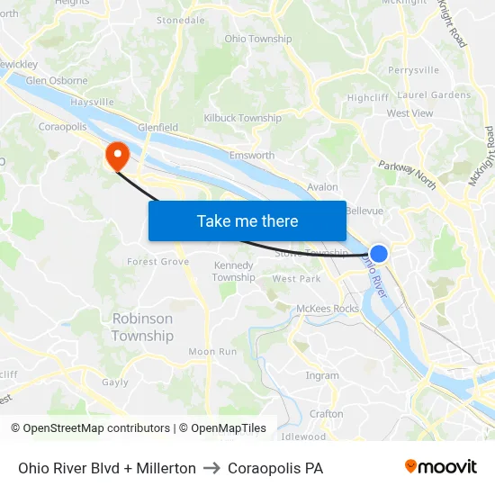 Ohio River Blvd + Millerton to Coraopolis PA map