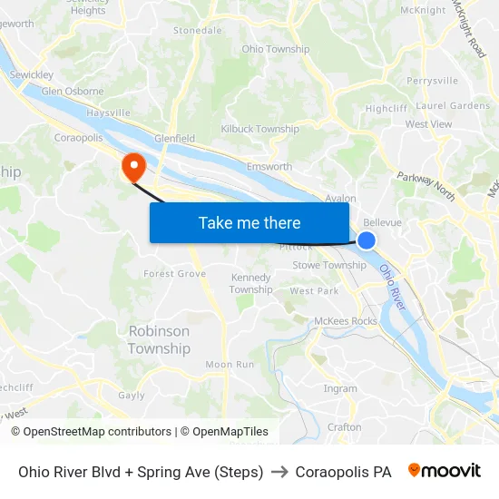 Ohio River Blvd + Spring Ave (Steps) to Coraopolis PA map