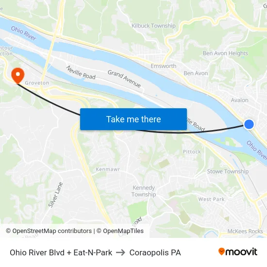 Ohio River Blvd + Eat-N-Park to Coraopolis PA map