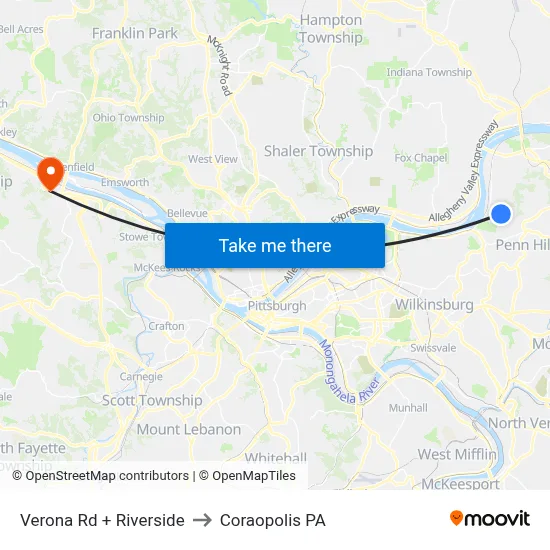 Verona Rd + Riverside to Coraopolis PA map
