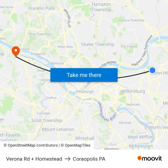 Verona Rd + Homestead to Coraopolis PA map