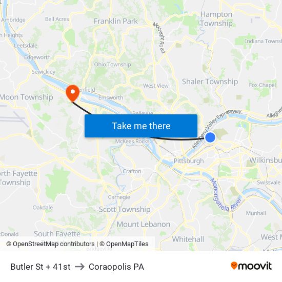 Butler St + 41st to Coraopolis PA map