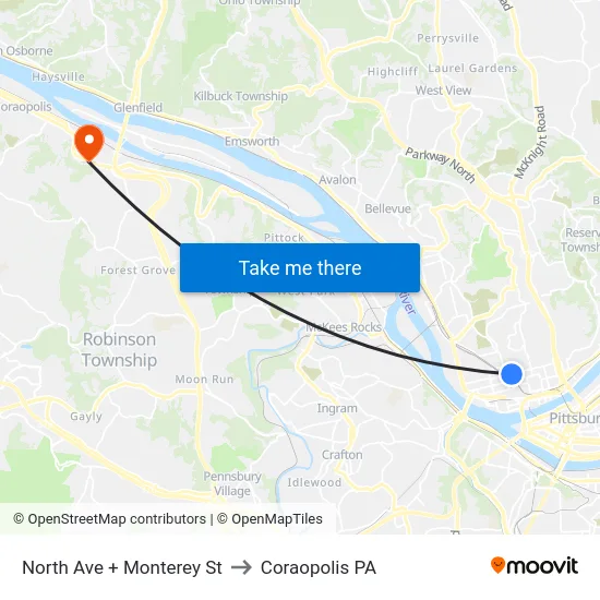 North Ave + Monterey St to Coraopolis PA map