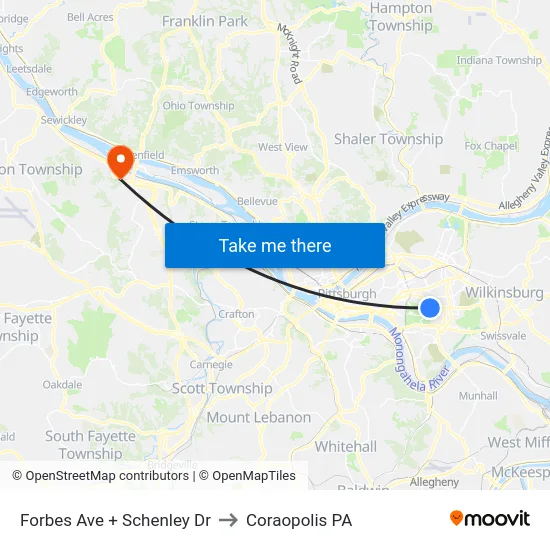 Forbes Ave + Schenley Dr to Coraopolis PA map