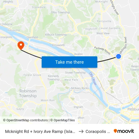 Mcknight Rd + Ivory Ave Ramp (Island) to Coraopolis PA map