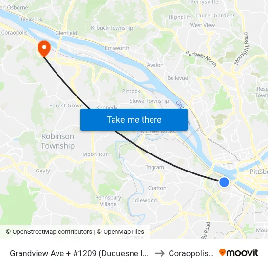 Grandview Ave + #1209 (Duquesne Incline) to Coraopolis PA map