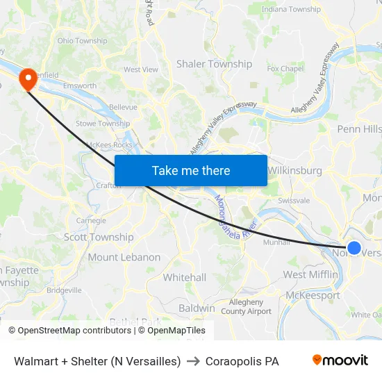 Walmart + Shelter (N Versailles) to Coraopolis PA map