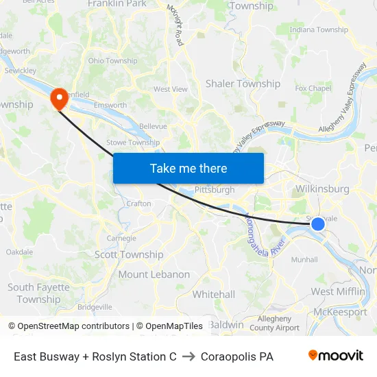 East Busway + Roslyn Station C to Coraopolis PA map