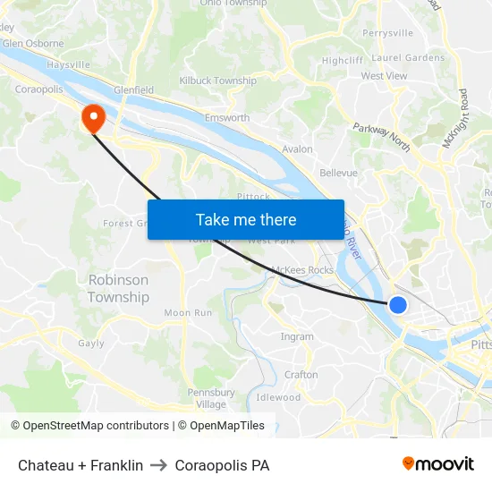 Chateau + Franklin to Coraopolis PA map
