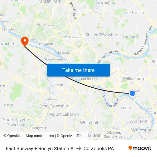 East Busway + Roslyn Station A to Coraopolis PA map