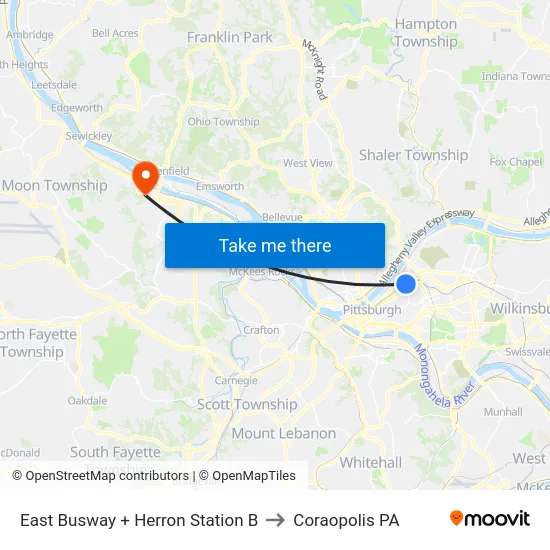 East Busway + Herron Station B to Coraopolis PA map