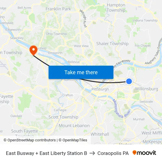 East Busway + East Liberty Station B to Coraopolis PA map