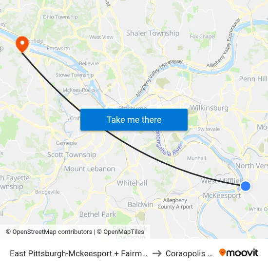 East Pittsburgh-Mckeesport + Fairmont to Coraopolis PA map