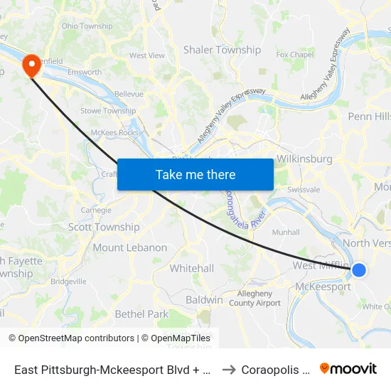 East Pittsburgh-Mckeesport Blvd + Ault to Coraopolis PA map