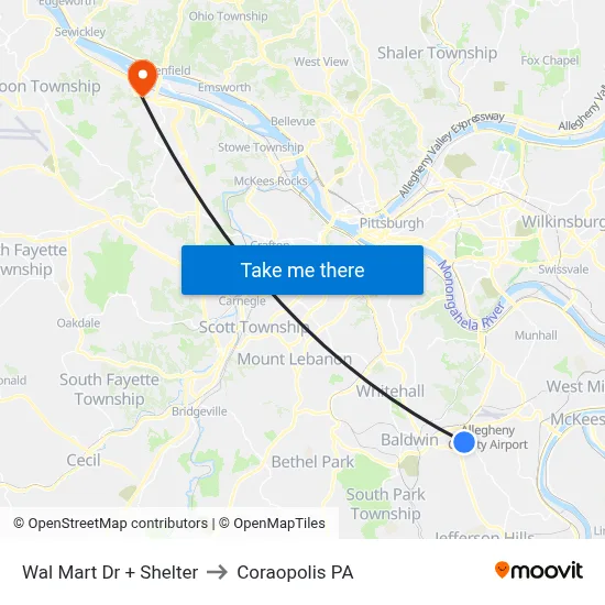 Wal Mart Dr + Shelter to Coraopolis PA map