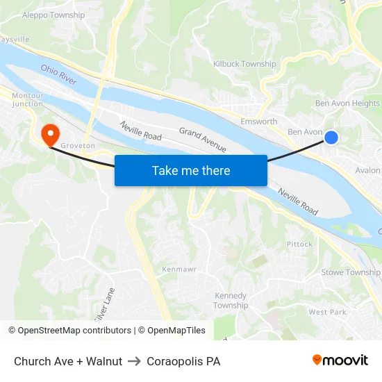 Church Ave + Walnut to Coraopolis PA map