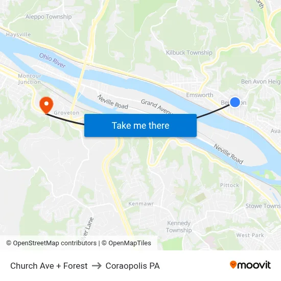 Church Ave + Forest to Coraopolis PA map