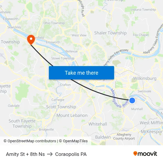 Amity St + 8th Ns to Coraopolis PA map