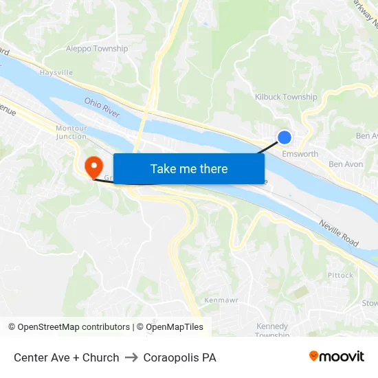 Center Ave + Church to Coraopolis PA map