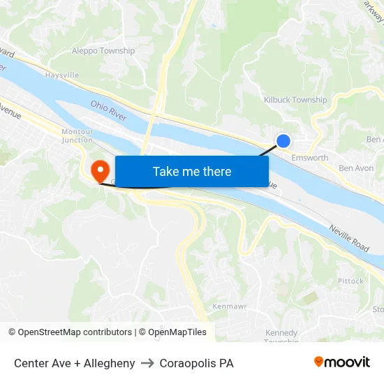 Center Ave + Allegheny to Coraopolis PA map