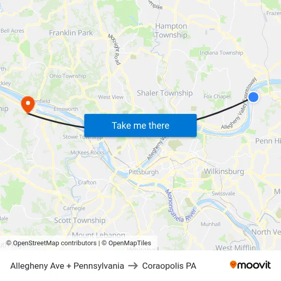 Allegheny Ave + Pennsylvania to Coraopolis PA map