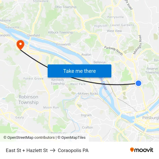 East St + Hazlett St to Coraopolis PA map