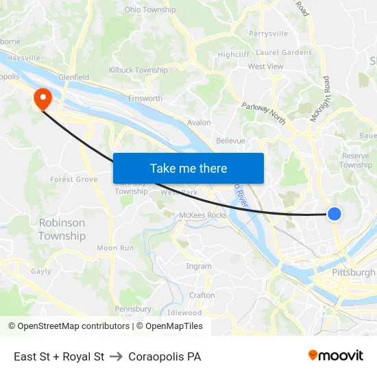 East St + Royal St to Coraopolis PA map