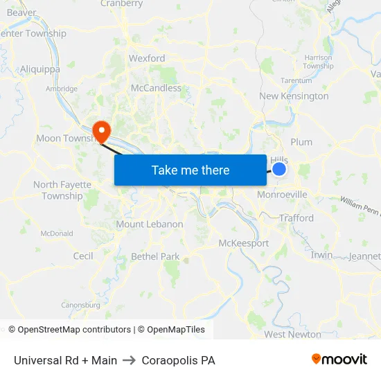 Universal Rd + Main to Coraopolis PA map
