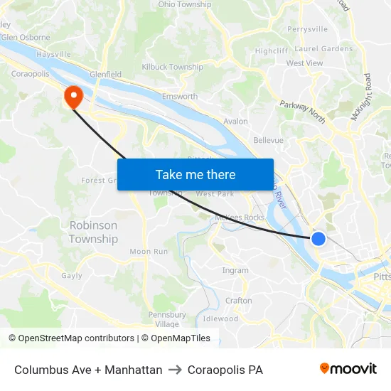 Columbus Ave + Manhattan to Coraopolis PA map