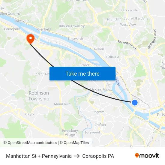 Manhattan St + Pennsylvania to Coraopolis PA map