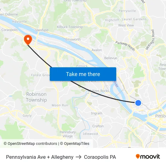 Pennsylvania Ave + Allegheny to Coraopolis PA map