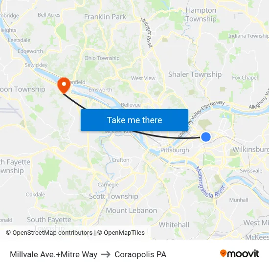 Millvale Ave.+Mitre Way to Coraopolis PA map