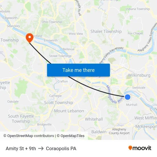Amity St + 9th to Coraopolis PA map
