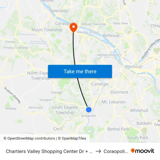 Chartiers Valley Shopping Center Dr + Giant Eagle to Coraopolis PA map