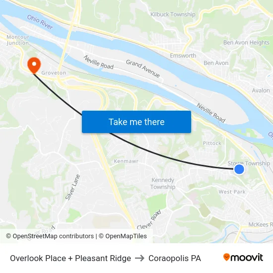 Overlook Place + Pleasant Ridge to Coraopolis PA map