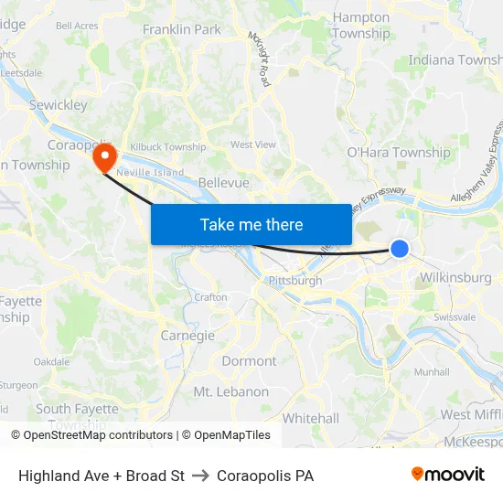 Highland Ave + Broad St to Coraopolis PA map