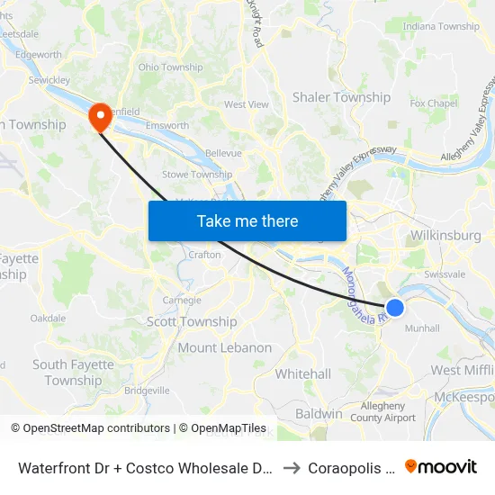 Waterfront Dr + Costco Wholesale Drvwy to Coraopolis PA map