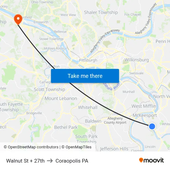 Walnut St + 27th to Coraopolis PA map