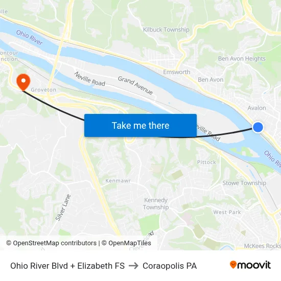 Ohio River Blvd + Elizabeth FS to Coraopolis PA map