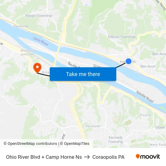 Ohio River Blvd + Camp Horne Ns to Coraopolis PA map