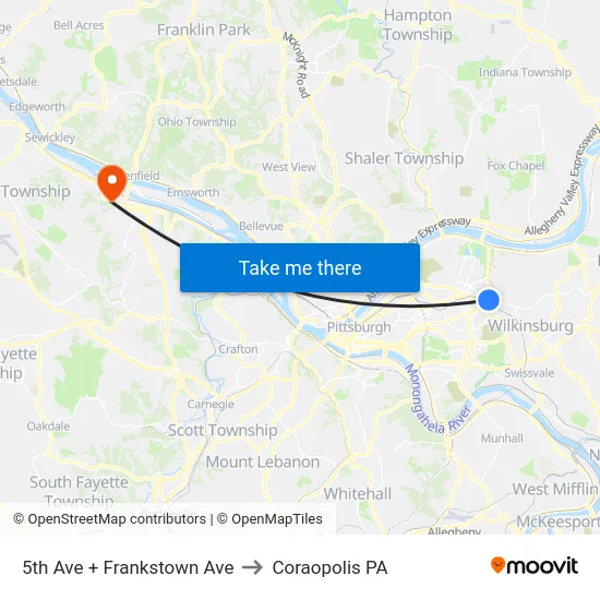 5th Ave + Frankstown Ave to Coraopolis PA map