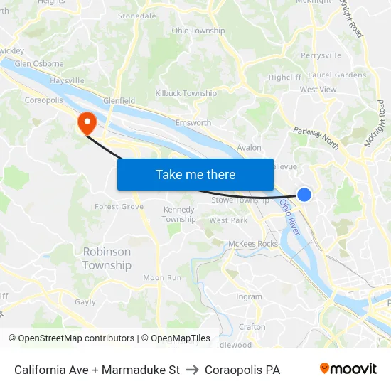 California Ave + Marmaduke St to Coraopolis PA map