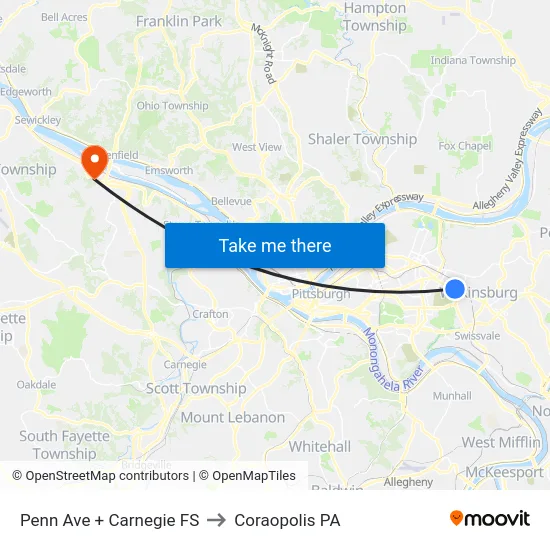 Penn Ave + Carnegie FS to Coraopolis PA map