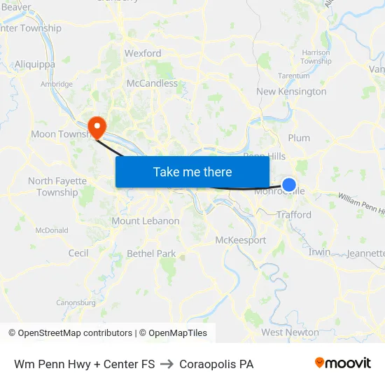 Wm Penn Hwy + Center FS to Coraopolis PA map