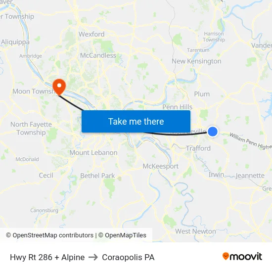 Hwy Rt 286 + Alpine to Coraopolis PA map