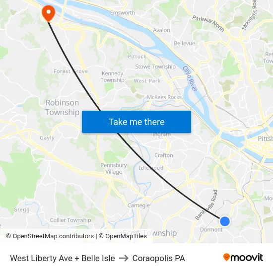 West Liberty Ave + Belle Isle to Coraopolis PA map