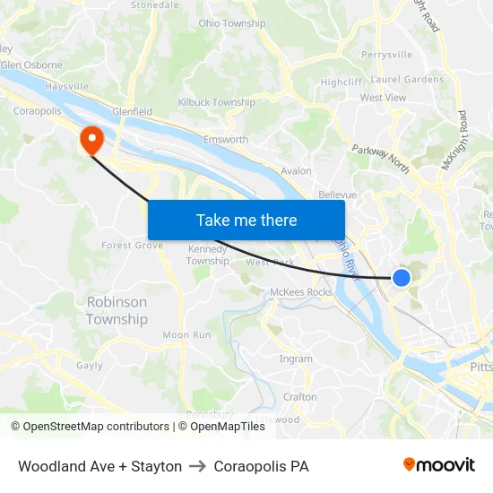Woodland Ave + Stayton to Coraopolis PA map